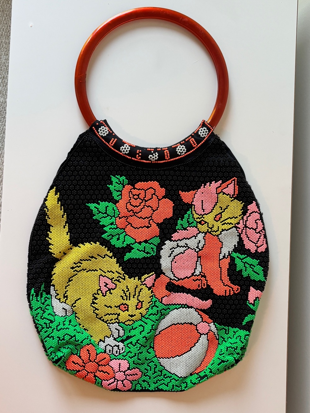 Vintage Beaded Handbag with Cat & Floral Motif - Large Boho Bag